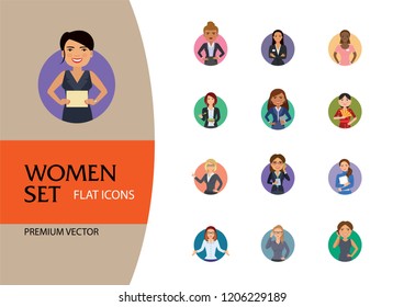 Women vector icon set. Doctor, excited, drinking, in glasses, Indian. Characters concept. Can be used for topics like occupation, race, activity, look, emotion