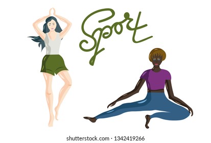 Women vector illustration. Calm and peaceful girls are doing yoga, sport, dance or meditation. Flat design. With hand write lettering.