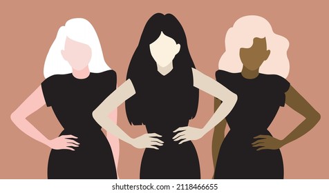 Women Vector Illustration Strong Women Standing Together Brave Girls Support Each Other Feminist Movement. Sisterhood 