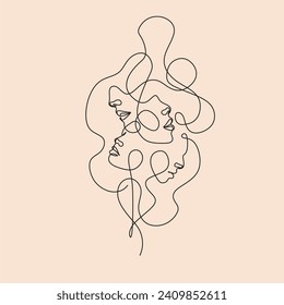 Women vector illustraton drawn in line art style. International Womens Day. One line womans portrait. Women different nationalities. Feminism concept. Girl power line art