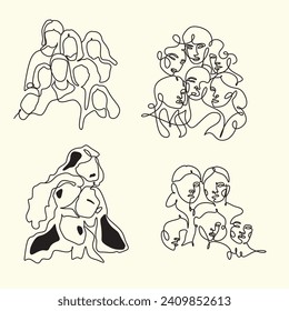 Women vector illustraton drawn in line art style. International Womens Day. One line womans portrait. Women different nationalities. Feminism concept. Girl power line art