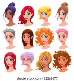 Women. Vector isolated characters: Hair, Eyes, Mouth Faces and Objects are isolated and interchangeable