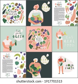 Women with vegetables. Handwritten phrase Eat real food. Eco product, natural organic and vegetarian food, mindful eating concept brochure design Vector illustration