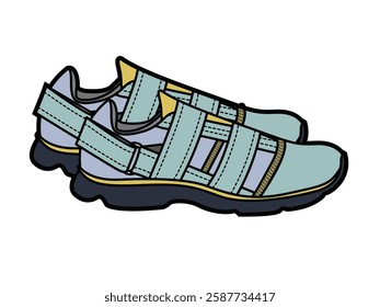 Women velcro sandal shoes vector design technical flat drawing by adobe illustrator.