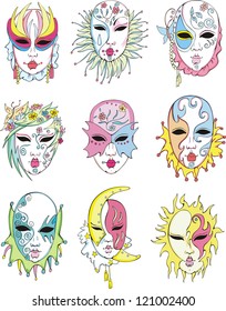 Women in Venetian carnival masks. Set of vector illustrations