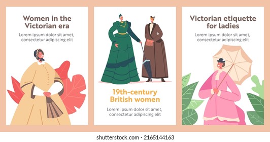 Women In The Victorian Era Banners. 19th Century European Ladies Wear Elegant Gowns, Hats And Accessories. Beautiful Female Characters, British Etiquette And Fashion. Cartoon People Vector Posters