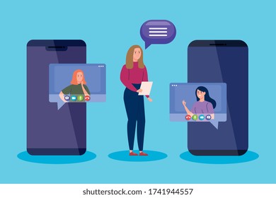 women in video conference by smartphone vector illustration design