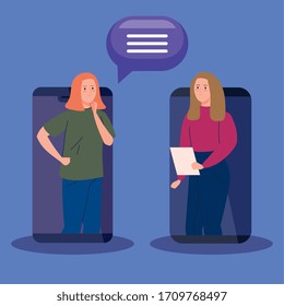 women in video conference in smartphone vector illustration design