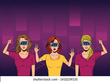 women with virtual reality headset avatar cartoon character with pop art purple background vector illustration graphic design