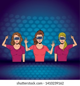 women with virtual reality headset avatar cartoon character with circular mesh background vector illustration graphic design