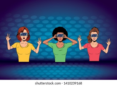 women with virtual reality headset avatar cartoon character with circular mesh background vector illustration graphic design