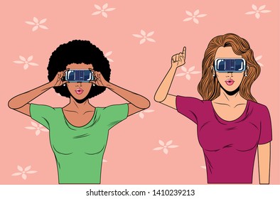 women with virtual reality headset avatar cartoon character and colorful background with flowers vector illustration graphic design