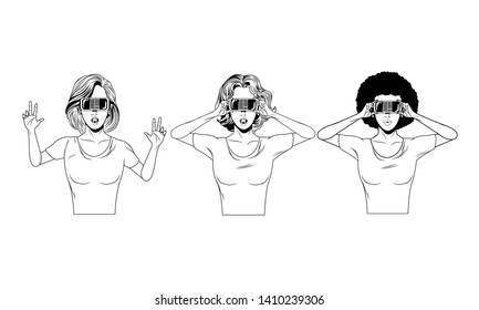 women with virtual reality headset avatar cartoon character black and white vector illustration graphic design