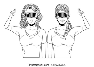 women with virtual reality headset avatar cartoon character black and white vector illustration graphic design