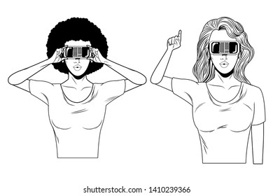 women with virtual reality headset avatar cartoon character black and white vector illustration graphic design