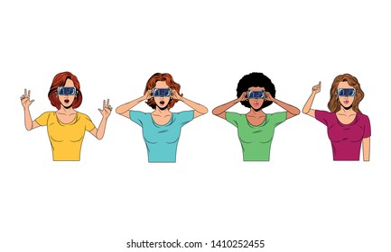 women with virtual reality headset avatar cartoon character vector illustration graphic design