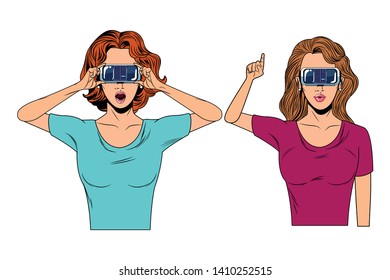 women with virtual reality headset avatar cartoon character vector illustration graphic design