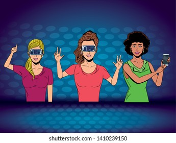 women with virtual reality headset and cellphone avatar cartoon character with circular mesh background vector illustration graphic design