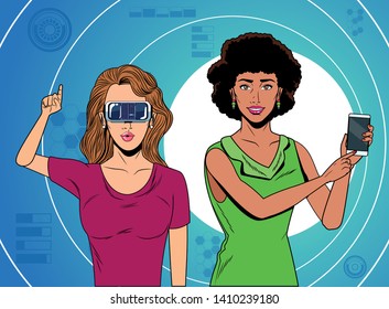 women with virtual reality headset and cellphone avatar cartoon character with circular pattern and stadistical graphic background vector illustration graphic design