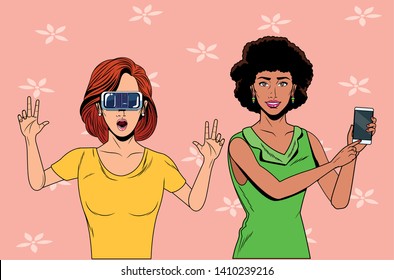 women with virtual reality headset and cellphone avatar cartoon character and colorful background with flowers vector illustration graphic design