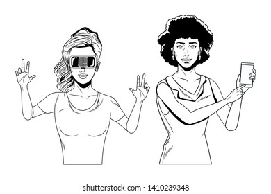 women with virtual reality headset and cellphone avatar cartoon character black and white vector illustration graphic design