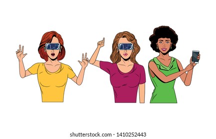 women with virtual reality headset and cellphone avatar cartoon character vector illustration graphic design