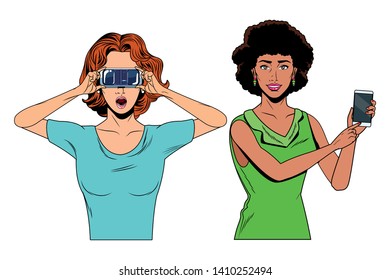 women with virtual reality headset and cellphone avatar cartoon character vector illustration graphic design