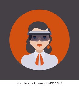 Women in the virtual reality headset. Round icon. Flat design
