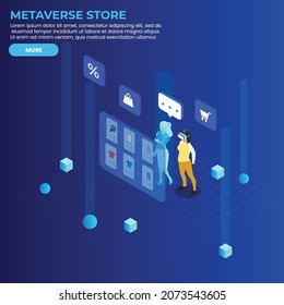 Women virtual reality shopping in metaverse store 3d isometric vector illustration concept for banner, website, landing page, ads, flyer template