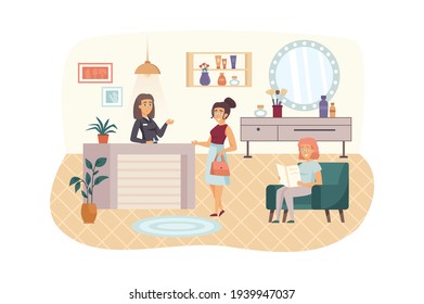 Mujeres visitando la escena del Salón de Belleza. Una clienta mujer se cita con una esteticista o una peluquería en la recepción. Concepto de procedimientos de cometología. Ilustración vectorial de personajes de diseño plano