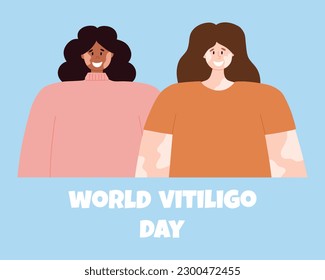 A women with vitiligo skin disease accepts her appearance, loves herself. World Vitiligo Day. vector illustration. Poster with a happy girl with vitiligo.