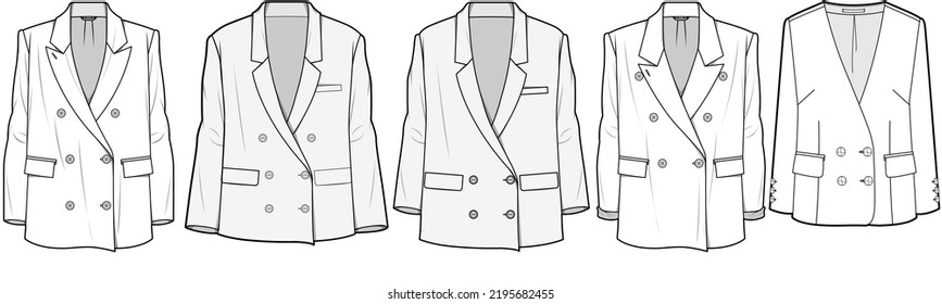 Blazer de cuello-V femenino, Blazer doble con pecho confecciona Ilustración de moda, vector, CAD, Dibujo técnico, Plano plano, Plantilla, Mockup.	