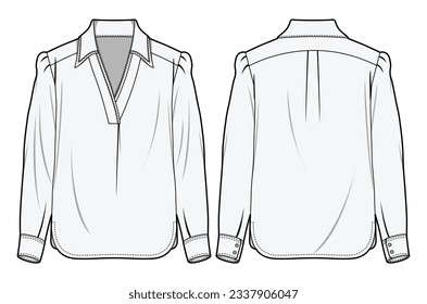 Women V-Neck Collared Shirt Blouse Front and Back View. Fashion Flat Sketch Vector Illustration, CAD, Technical Drawing, Flat Drawing, Template, Mockup.