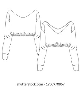 Women V-Neck Crop Sweatshirt fashion flat sketch template. Girls Technical Fashion Illustration. Wide Off-Shoulder neck opening. Elastic hem