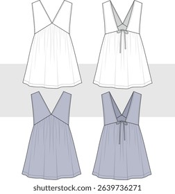 Women V-neck mini summer dress with bow detail. Technical flat sketch fashion drawing, illustration, vector. Front and back view, Cad, Mockup set.