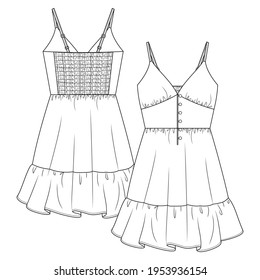 Women V-Neck Spaghetti Straps Peasant Dress flat sketch fashion template. Girls Technical Fashion Illustration. Button detail at front. Back Elastic Smocking Effect. 