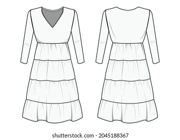 Women V-neck Three-Quarter Sleeve Tiered Dress, Gathered Dress Front and Back View fashion illustration vector, CAD, technical drawing, flat drawing.