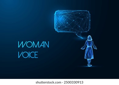 Women voice abstract concept shows female silhouette with speech bubble on dark blue background. Feminism and empowerment. Glowing low polygonal style. Modern futuristic design vector illustration.
