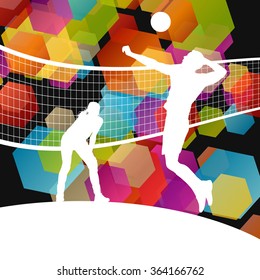 Women volleyball player silhouettes in sport abstract vector background illustration