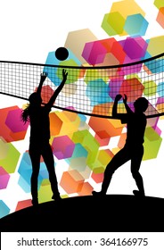 Women volleyball player silhouettes in sport abstract vector background illustration