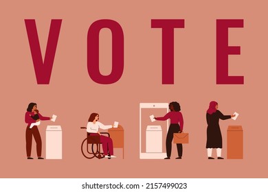 Women vote in different ways: by mail, in person, by phone online. Mother with baby, businesswoman, female with disability put election ballot into box. Vector illustration