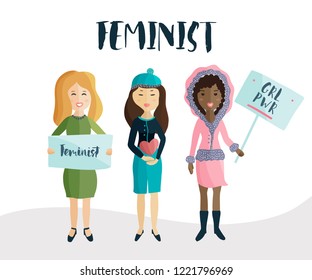 Women vote for their rights. Vector cartoon flat illustration isolated on white background. Aroamerican, Asian and Europeangirl protest.