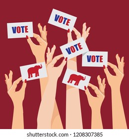 Women voting Republican. White women's hands holding cards that say vote. Republican elephant. EPS10 vector illustration.