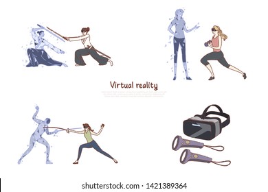 Women in vr headsets, ar leisure, fitness training, fencing, video game, digital entertainment, futuristic technology banner