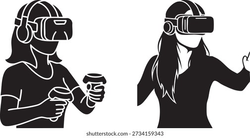 Mulheres em headsets de RV com controladores, experimentando realidade virtual e jogos interativos.