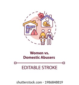 Women Vs Domestic Abusers Concept Icon. Gun Violence. Life Risk. Hate Crime. Weapon Control For Civilian Safety Idea Thin Line Illustration. Vector Isolated Outline RGB Color Drawing. Editable Stroke