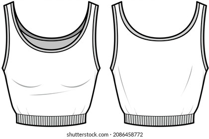 Women Waist Gathered Crop Tank Top, Active Wear, Pyjama Tank Top Front and Back View. Fashion Illustration, Vector, CAD, Technical Drawing, Flat Drawing.