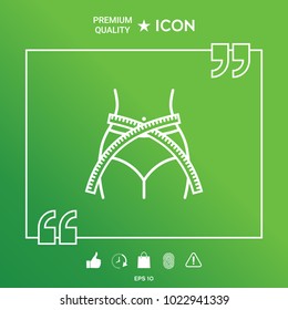 Women waist with measuring tape, weight loss, diet, waistline - line icon