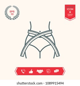 Women waist with measuring tape, weight loss, diet, waistline - line icon