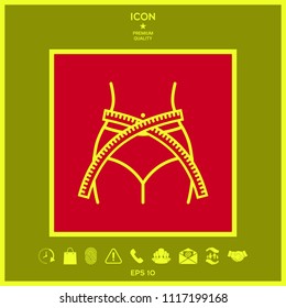 Women waist with measuring tape, weight loss, diet, waistline - line icon
